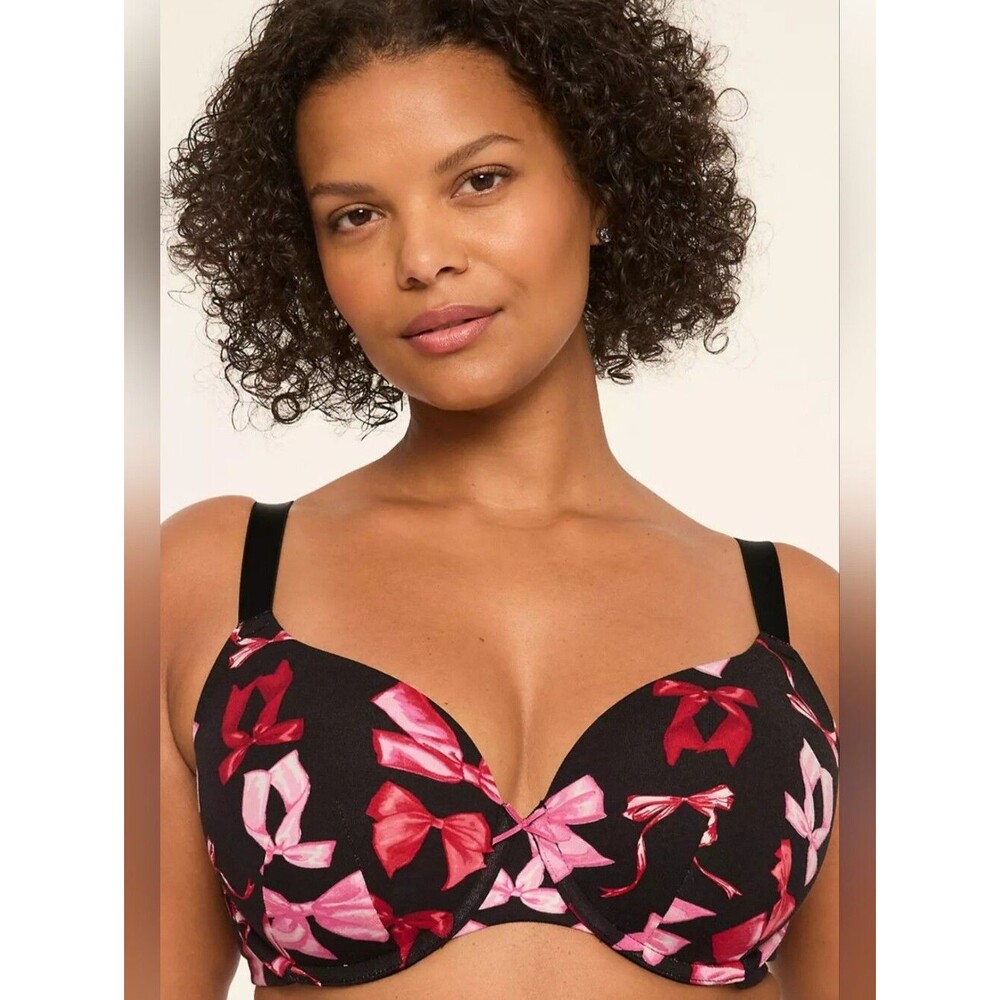 Cacique 40DD Bow Print Underwire Bra Pink Black 4019-